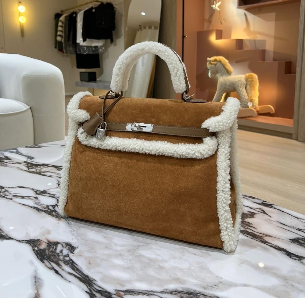 Suede Kelly Teddy 30 Shearling-Trimmed Brown Satchel   Trim Is Not Dark Brown